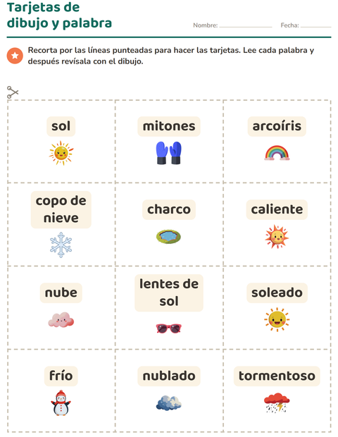 Vista previa de la hoja de Tarjetas de dibujo y palabra con Clima para jardín infantil