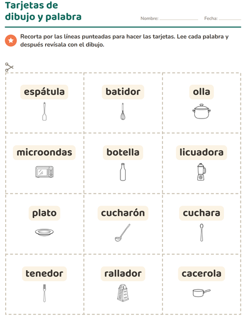 Vista previa de la hoja de Tarjetas de dibujo y palabra con Cocina BN para jardín infantil