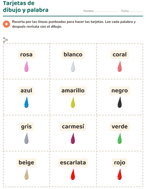 Vista previa de la hoja de Tarjetas de dibujo y palabra con Colores para jardín infantil