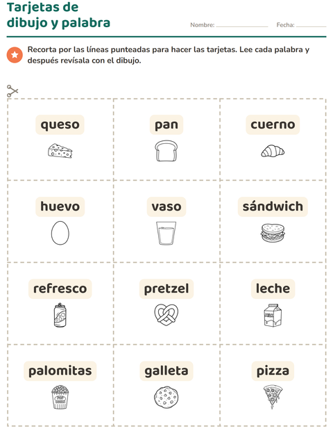 Vista previa de la hoja de Tarjetas de dibujo y palabra con Comida BN 3 para jardín infantil