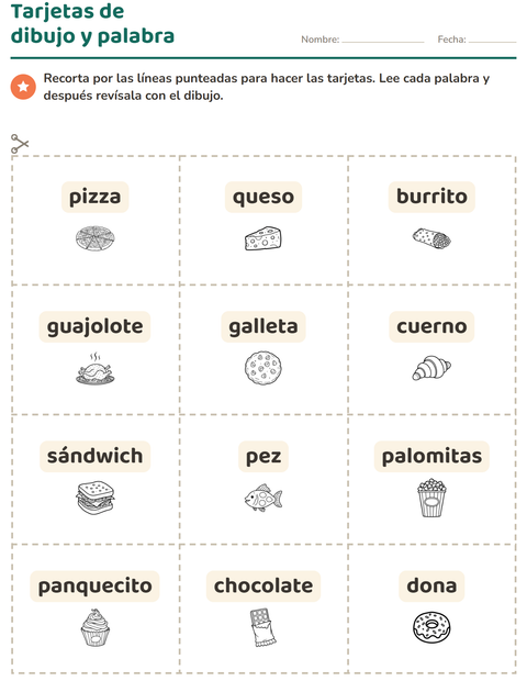 Vista previa de la hoja de Tarjetas de dibujo y palabra con Comida BN para jardín infantil