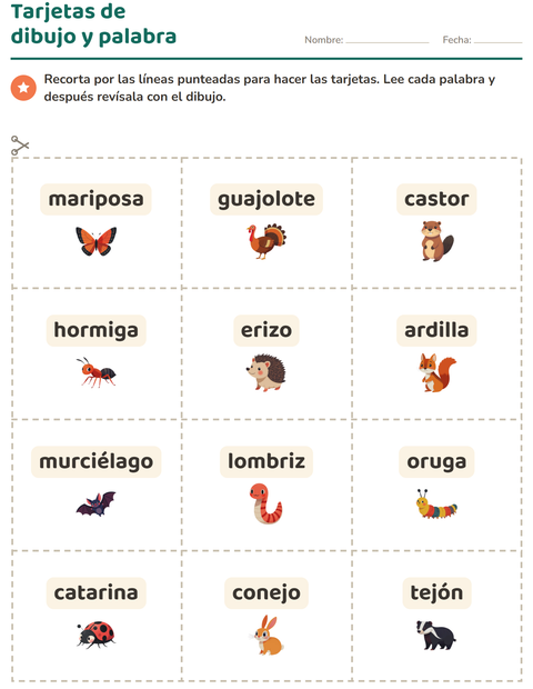 Vista previa de la hoja de Tarjetas de dibujo y palabra con Criaturas del bosque para jardín infantil