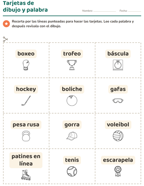 Vista previa de la hoja de Tarjetas de dibujo y palabra con Deportes BN para jardín infantil
