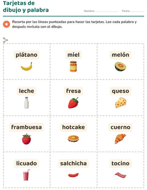 Vista previa de la hoja de Tarjetas de dibujo y palabra con Desayuno para jardín infantil