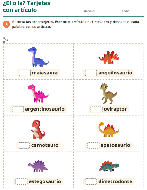 Vista previa de la hoja de Tarjetas de dibujo y palabra con Dinosaurios para jardín infantil
