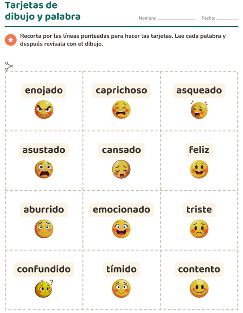 Vista previa de la hoja de Tarjetas de dibujo y palabra con Emociones para jardín infantil