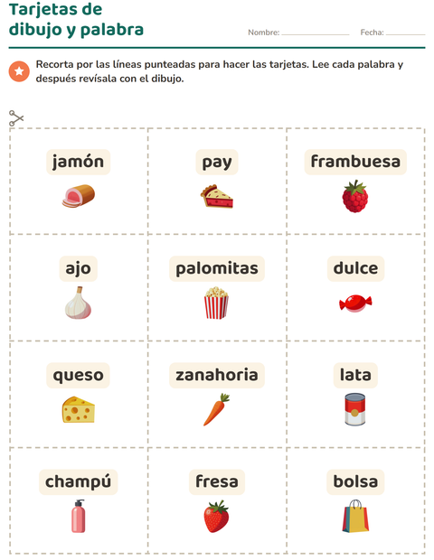 Vista previa de la hoja de Tarjetas de dibujo y palabra con En el supermercado para jardín infantil