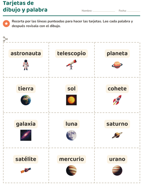 Vista previa de la hoja de Tarjetas de dibujo y palabra con Espacio para jardín infantil