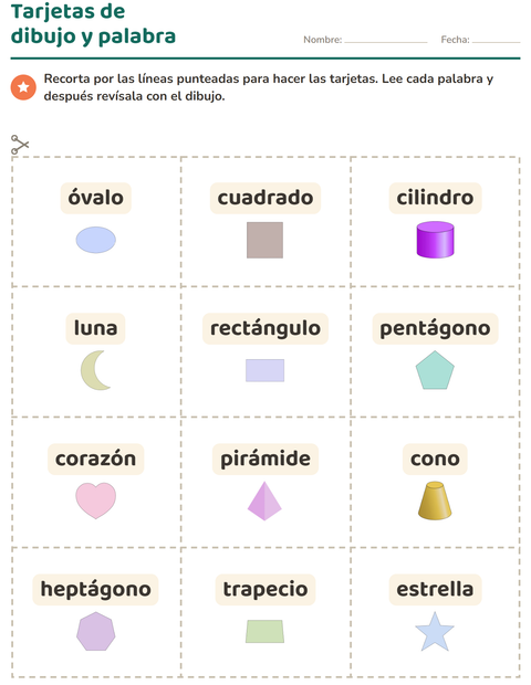 Vista previa de la hoja de Tarjetas de dibujo y palabra con Formas para jardín infantil