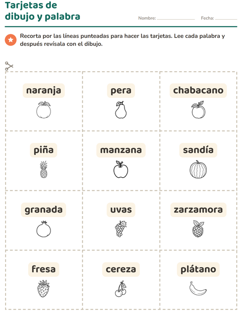 Vista previa de la hoja de Tarjetas de dibujo y palabra con Frutas BN para jardín infantil