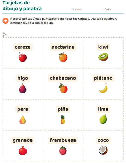 Vista previa de la hoja de Tarjetas de dibujo y palabra con Frutas para jardín infantil