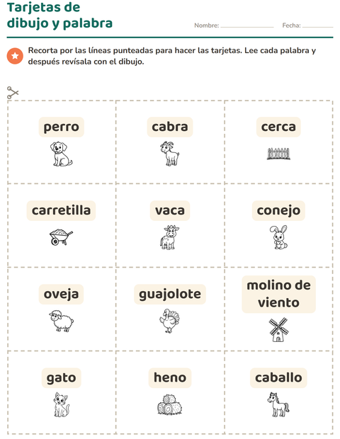 Vista previa de la hoja de Tarjetas de dibujo y palabra con Granja BN para jardín infantil