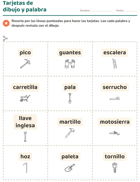 Vista previa de la hoja de Tarjetas de dibujo y palabra con Herramientas BN para jardín infantil