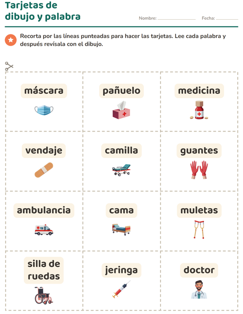 Vista previa de la hoja de Tarjetas de dibujo y palabra con Hospital para jardín infantil