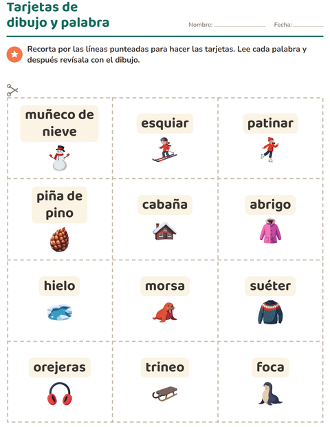 Vista previa de la hoja de Tarjetas de dibujo y palabra con Invierno para jardín infantil
