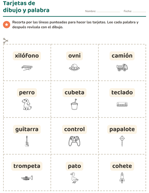 Vista previa de la hoja de Tarjetas de dibujo y palabra con Juguetes BN 2 para jardín infantil