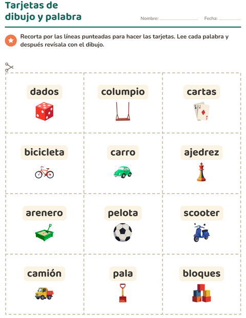 Vista previa de la hoja de Tarjetas de dibujo y palabra con Juguetes para jardín infantil