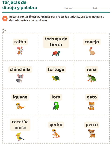 Vista previa de la hoja de Tarjetas de dibujo y palabra con Mascotas para jardín infantil