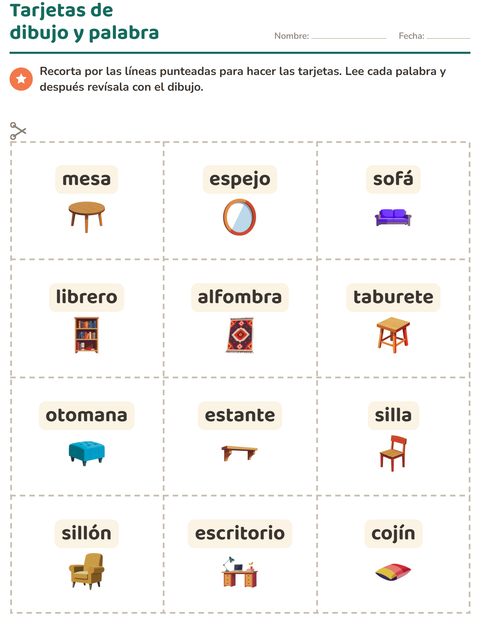 Vista previa de la hoja de Tarjetas de dibujo y palabra con Muebles para jardín infantil