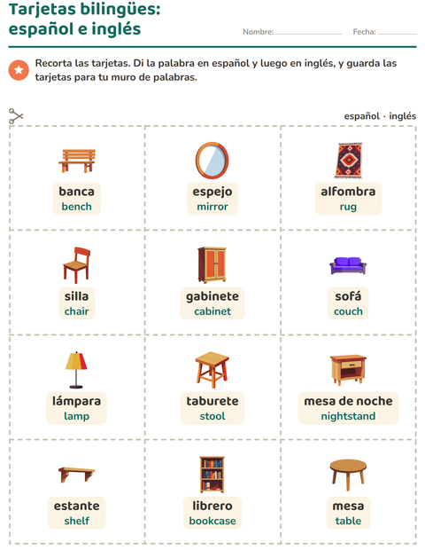 Vista previa de la hoja de Tarjetas de dibujo y palabra con Muebles para jardín infantil