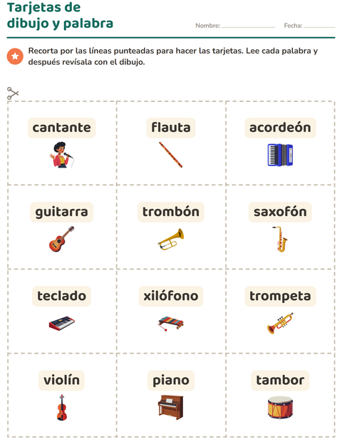 Vista previa de la hoja de Tarjetas de dibujo y palabra con Música para jardín infantil