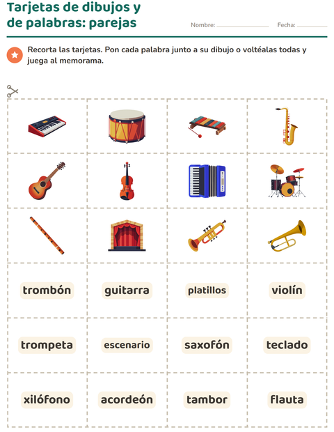 Vista previa de la hoja de Tarjetas de dibujo y palabra con Música para jardín infantil