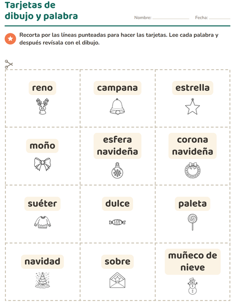 Vista previa de la hoja de Tarjetas de dibujo y palabra con Navidad B&N para jardín infantil
