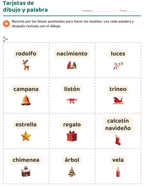Vista previa de la hoja de Tarjetas de dibujo y palabra con Navidad para jardín infantil