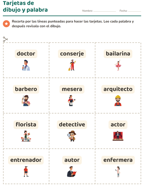 Vista previa de la hoja de Tarjetas de dibujo y palabra con Ocupaciones para jardín infantil