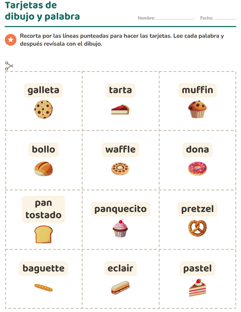 Vista previa de la hoja de Tarjetas de dibujo y palabra con Panadería para jardín infantil