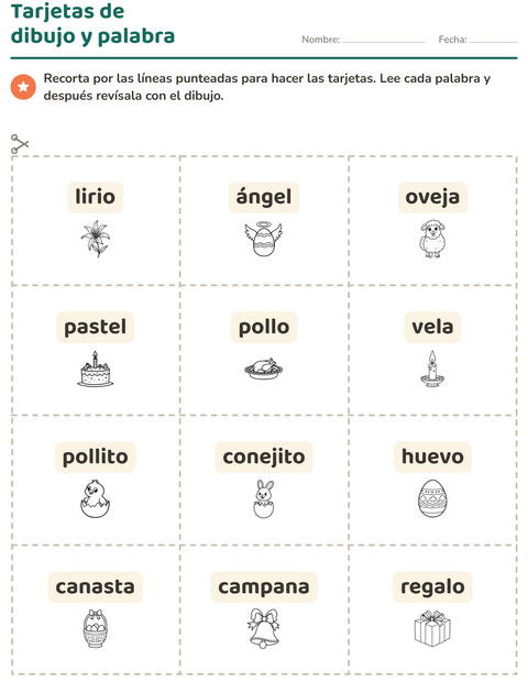 Vista previa de la hoja de Tarjetas de dibujo y palabra con Pascua BN 2 para jardín infantil