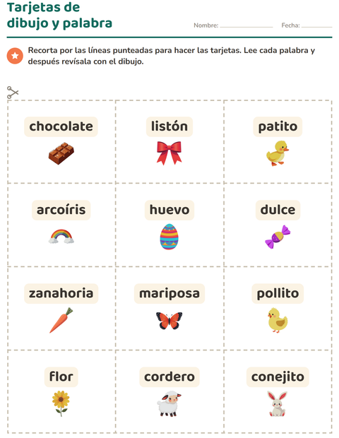 Vista previa de la hoja de Tarjetas de dibujo y palabra con Pascua para jardín infantil