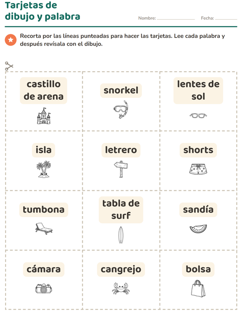 Vista previa de la hoja de Tarjetas de dibujo y palabra con Playa BN 2 para jardín infantil