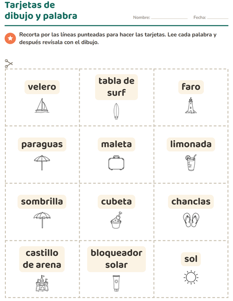 Vista previa de la hoja de Tarjetas de dibujo y palabra con Playa BN para jardín infantil