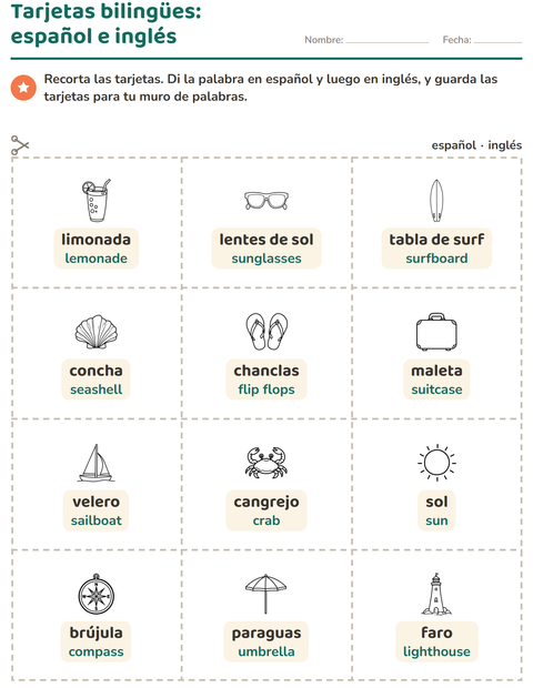 Vista previa de la hoja de Tarjetas de dibujo y palabra con Playa BN para jardín infantil