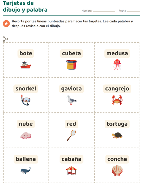 Vista previa de la hoja de Tarjetas de dibujo y palabra con Playa para jardín infantil