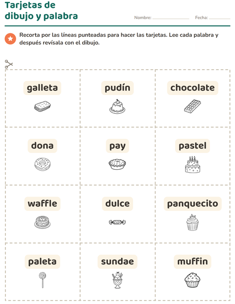 Vista previa de la hoja de Tarjetas de dibujo y palabra con Postre (B/N) para jardín infantil