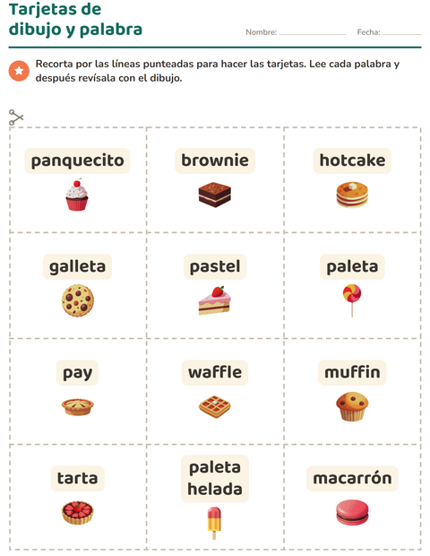 Vista previa de la hoja de Tarjetas de dibujo y palabra con Postres y dulces para jardín infantil