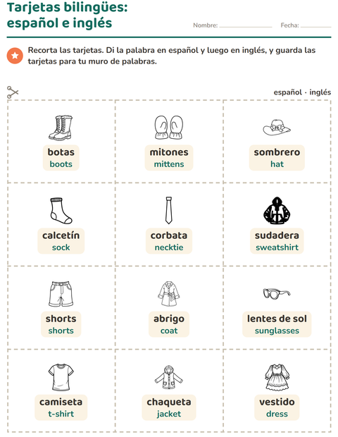 Vista previa de la hoja de Tarjetas de dibujo y palabra con Ropa BN para jardín infantil