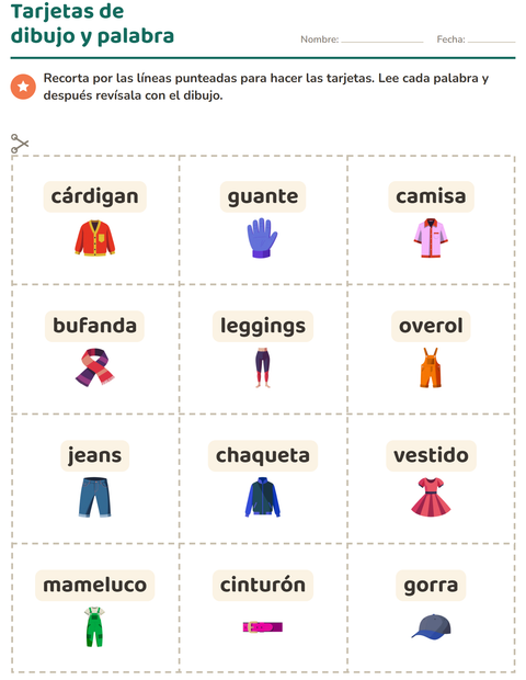 Vista previa de la hoja de Tarjetas de dibujo y palabra con Ropa para jardín infantil