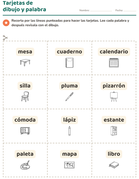 Vista previa de la hoja de Tarjetas de dibujo y palabra con Salón de clases 2 (B/N) para jardín infantil