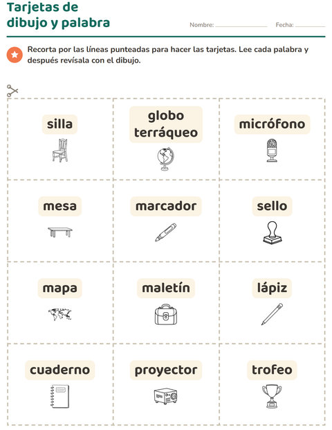 Vista previa de la hoja de Tarjetas de dibujo y palabra con Salón de clases (B/N) para jardín infantil