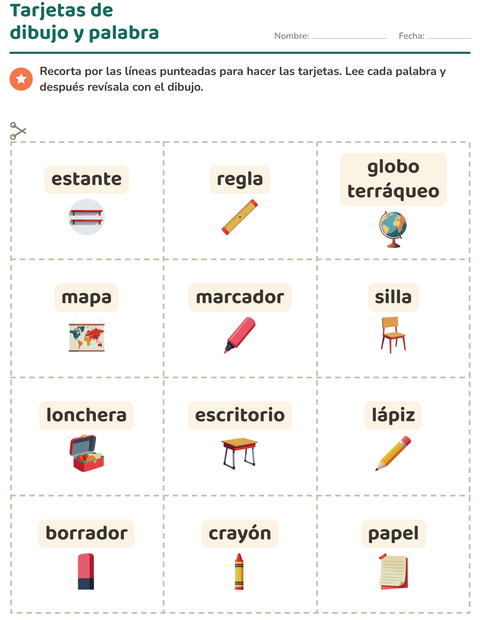 Vista previa de la hoja de Tarjetas de dibujo y palabra con Salón de clases para jardín infantil