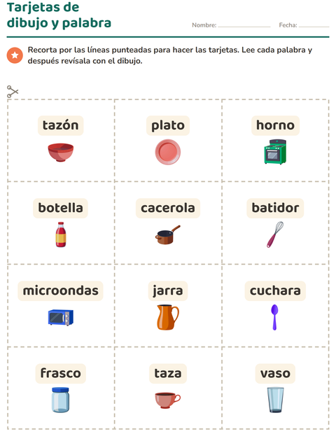 Vista previa de la hoja de Tarjetas de dibujo y palabra con Utensilios de cocina para jardín infantil