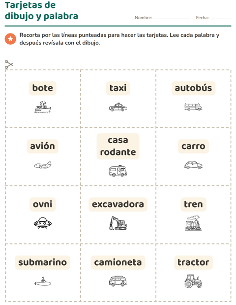 Vista previa de la hoja de Tarjetas de dibujo y palabra con Vehículos BN 2 para jardín infantil
