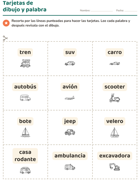 Vista previa de la hoja de Tarjetas de dibujo y palabra con Vehículos BN para jardín infantil