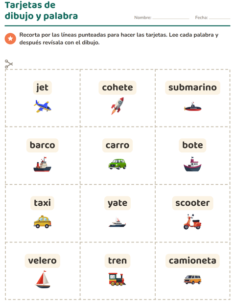 Vista previa de la hoja de Tarjetas de dibujo y palabra con Vehículos para jardín infantil