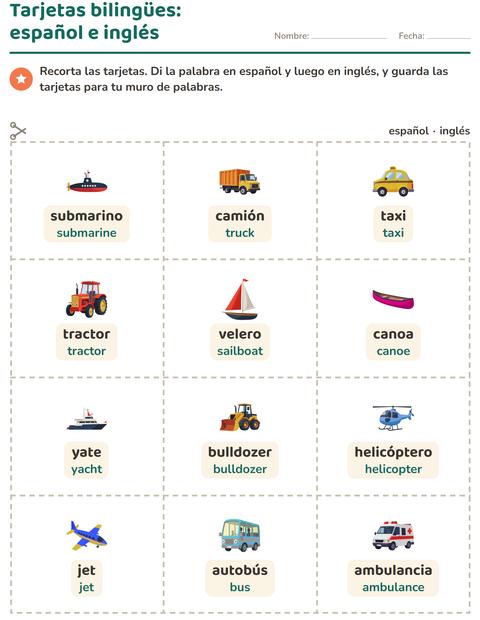 Vista previa de la hoja de Tarjetas de dibujo y palabra con Vehículos para jardín infantil
