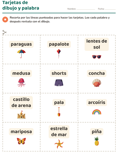 Vista previa de la hoja de Tarjetas de dibujo y palabra con Verano para jardín infantil