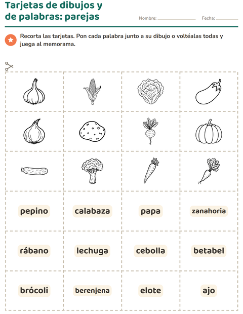 Vista previa de la hoja de Tarjetas de dibujo y palabra con Verduras BN para jardín infantil